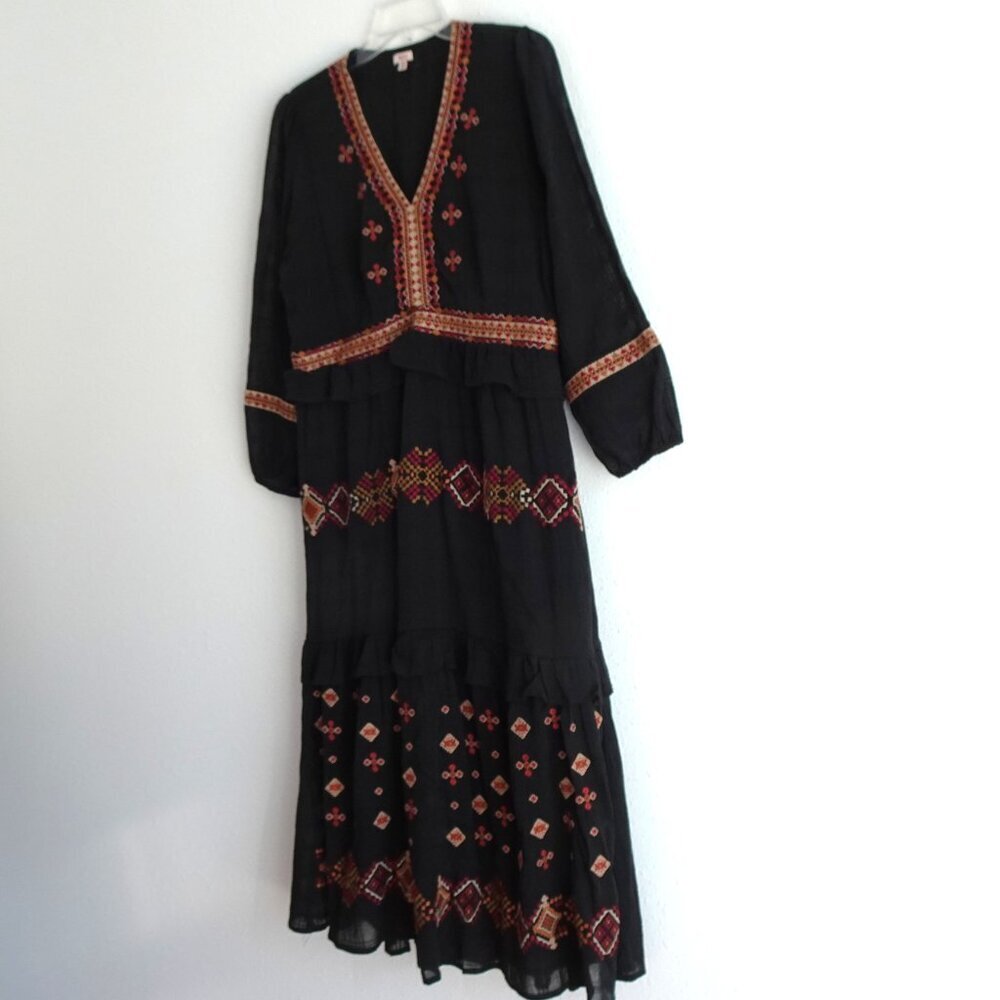 Reba Embroidered Dress Women's Size 10 Black Ruffle Tiered V-Neck Midi Boho - Picture 5 of 12